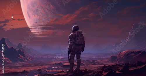 colorful illustration of astronaut in space suit and helmet exploring alien planet with mountains and stars and moons on night sky, astronomy concept 