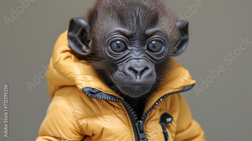 Baby monkey with striking eyes in a snug yellow jacket. © sahar