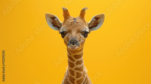 A playful giraffe with a smirking expression, wearing a yellow hoodie, against a vibrant yellow background. photo