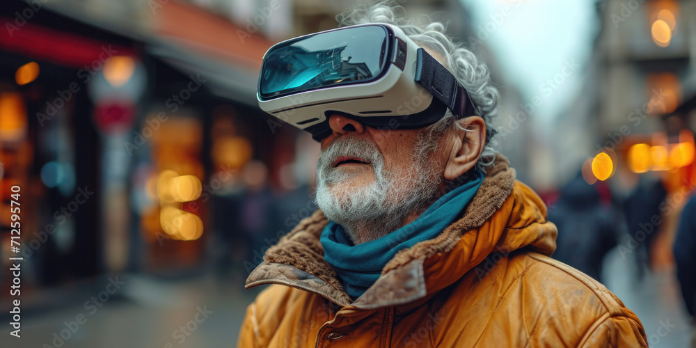 Ein alter Mann trägt ein VR Headset - obrazy, fototapety, plakaty 