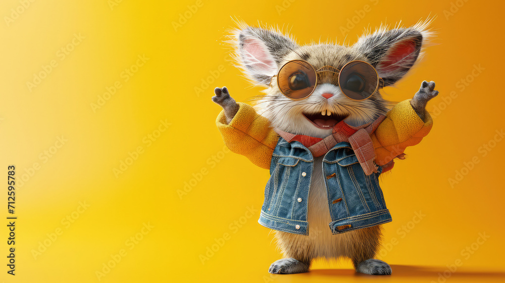 Joyful mouse in yellow shirt and denim jacket with goggles.