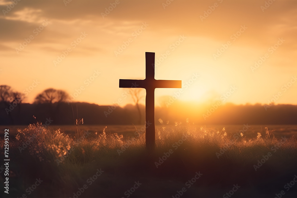 Silhouette christian cross on grass in sunrise background Silhouette christian cross on grass in sunrise background