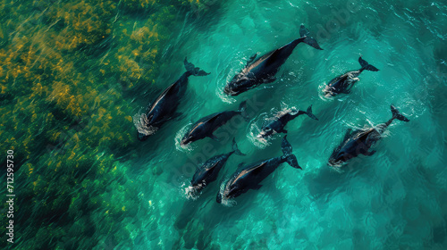 Dolphins playfully swimming in sunlit shallow sea.
