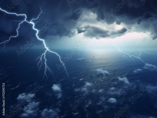 lightning in the sky among the clouds over the sea, dark clouds, created with Generative AI technology
