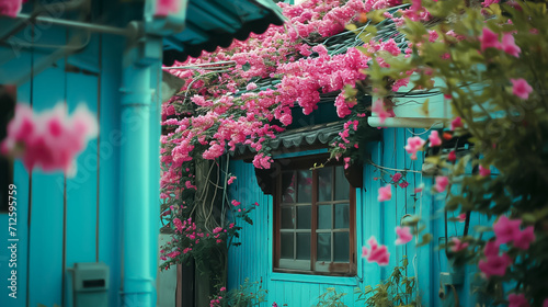 The house is covered with pink flowers, surrounded by other blue buildings