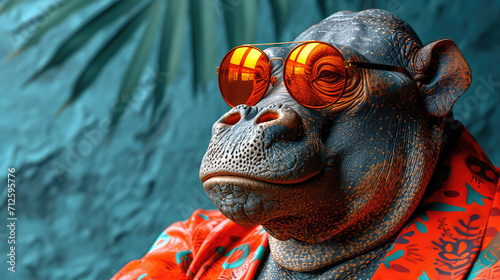 Hippopotamus in fashionable attire and orange glasses