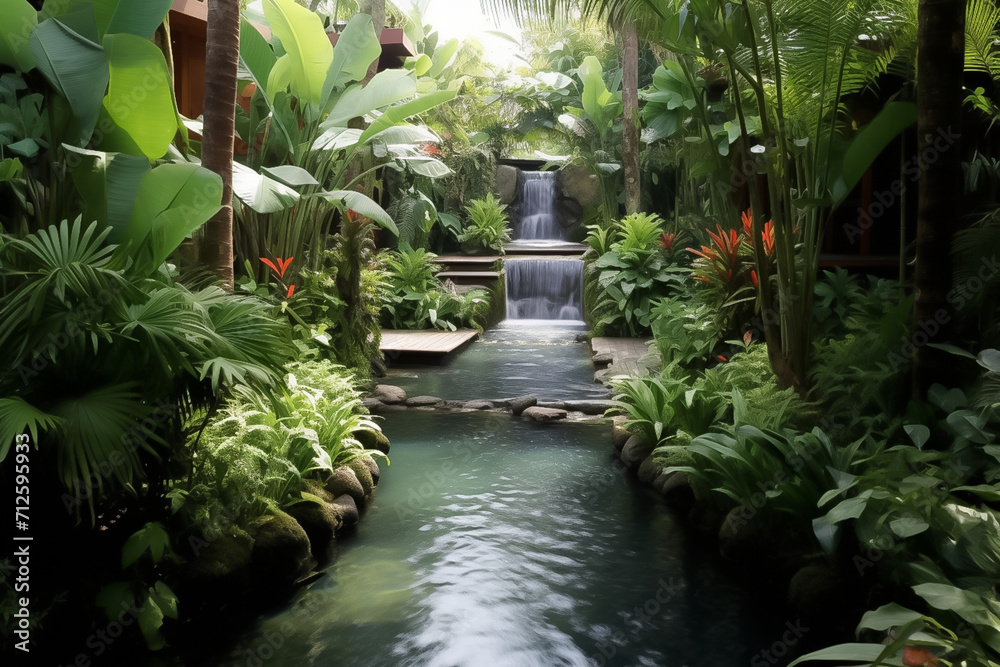 tropical garden with swimmingpool in garden with waterfalls