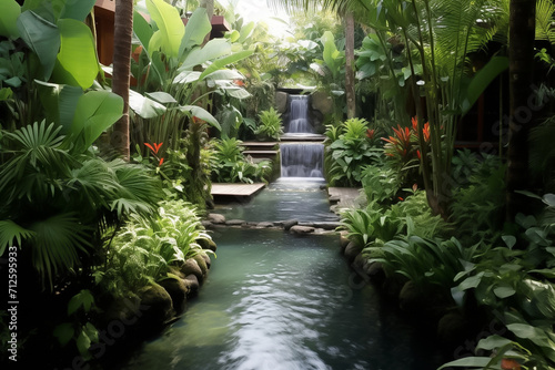 tropical garden with swimmingpool in garden with waterfalls