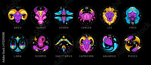 Set of modern cartoon astrology zodiac signs isolated on black background. Set of fluorescent Zodiac icons. Vector illustration photo