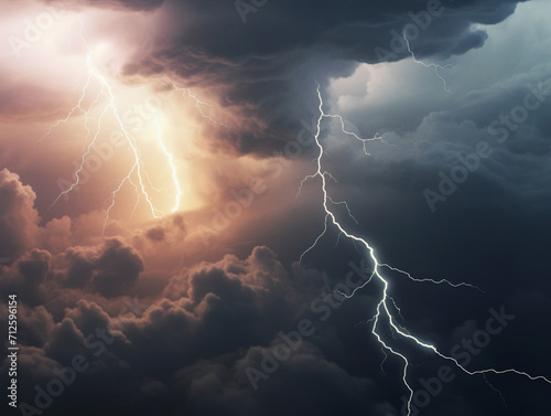 lightning in the sky among the clouds, dark clouds, created with Generative AI technology