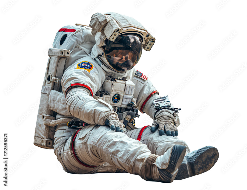 Astronaut sitting in a space suit isolated on transparent background, PNG file