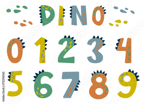 Cartoon comic Dino numbers alphabet on a white background in fun childish style. Bright modern digits illustration for kids, nursery, poster, card, birthday party, packaging paper design, baby t