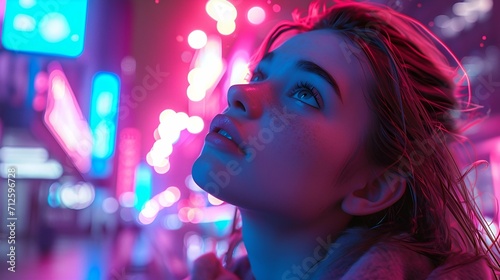 a closeup photo of a young girl posing in the neon lights of a futuristic city at dusk, octane render, hyper realistic, high detail