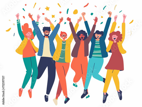 Doodles showing Success and joy. A group of six friends celebrate a success together. Vector flat style illustration.