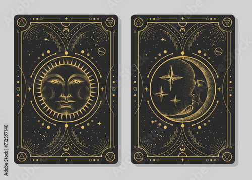 Set of Modern magic witchcraft cards with astrology sun and moon sign with human face. Day and nignt. Realistic hand drawing vector illustration