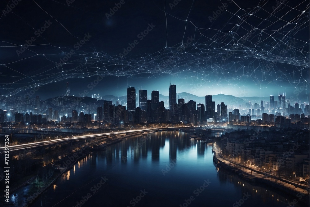 Image of a Night City with Network Lines Above