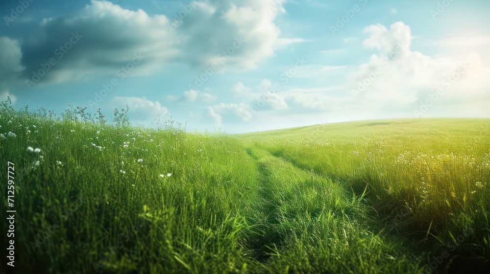 Background of lush green grass and vibrant blue clouds, providing ample space for text.
