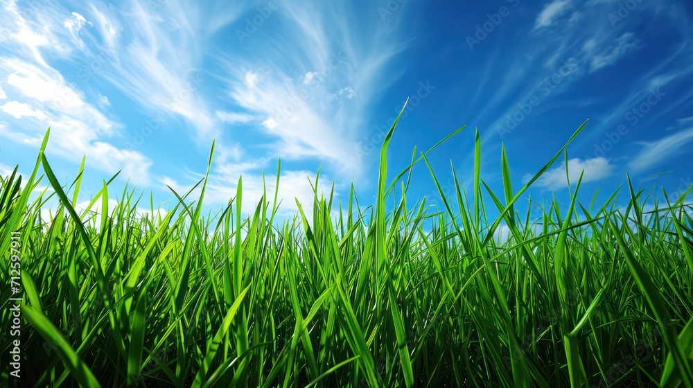 Obraz premium A background of green grass and blue clouds with ample copy space for text