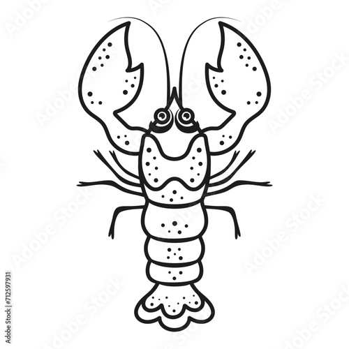 cute childish black and white cartoon lobster isolated on white background, underwater creature vector illustration