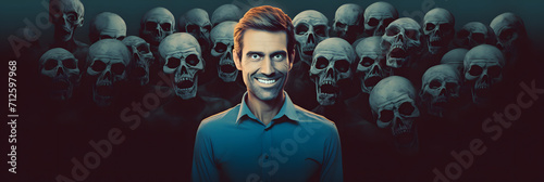Smiling man standing in between zombies, thinking different from the crowd of brain washed people photo