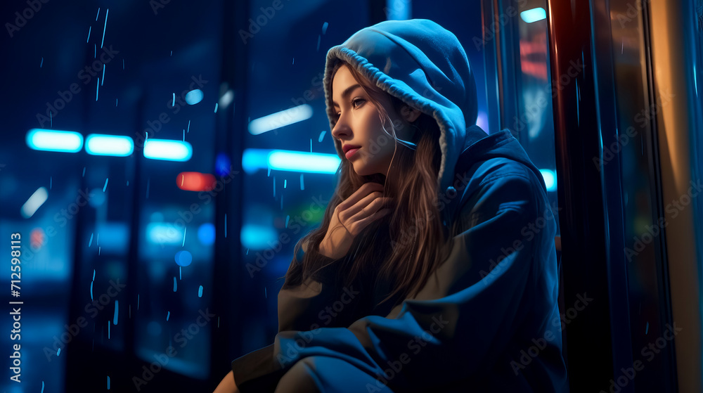 Woman sitting on bench looking at her cell phone in the rain. Woman sitting on bench looking at her cell phone in the rain.