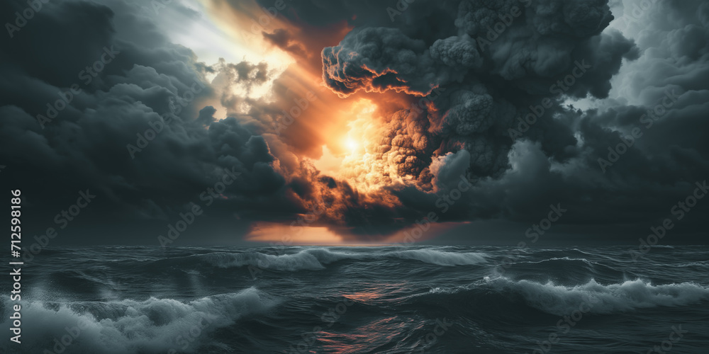 Dramatic stormy sunset over the sea with a huge cloud above it