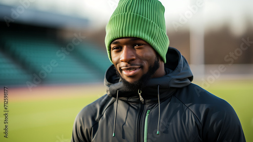 Atleta feliz com gorro verde e jaqueta em campo esportivo © marcia47