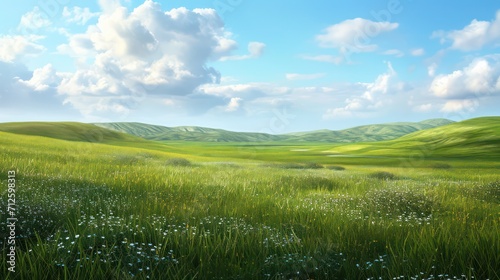 A background of green grass and blue clouds with ample copy space for text