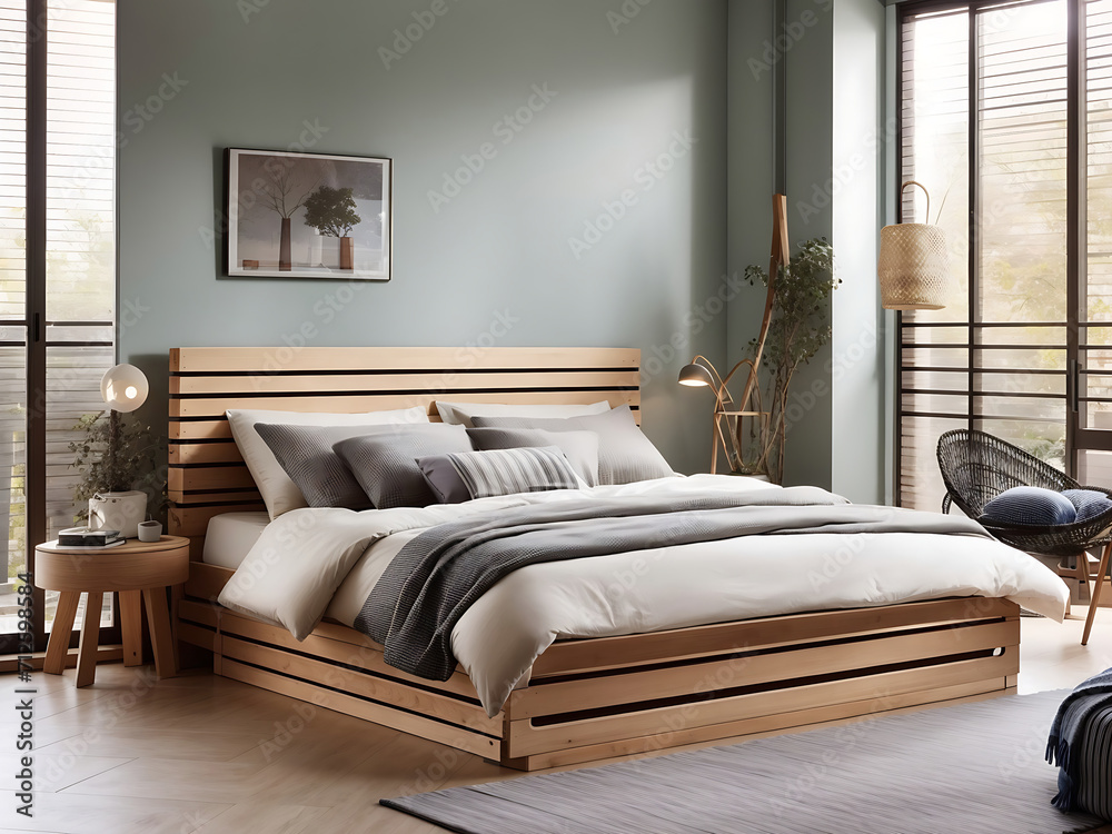 Fototapeta premium Comfortable bed with storage space for bedding under a slatted base in stylish room design.
