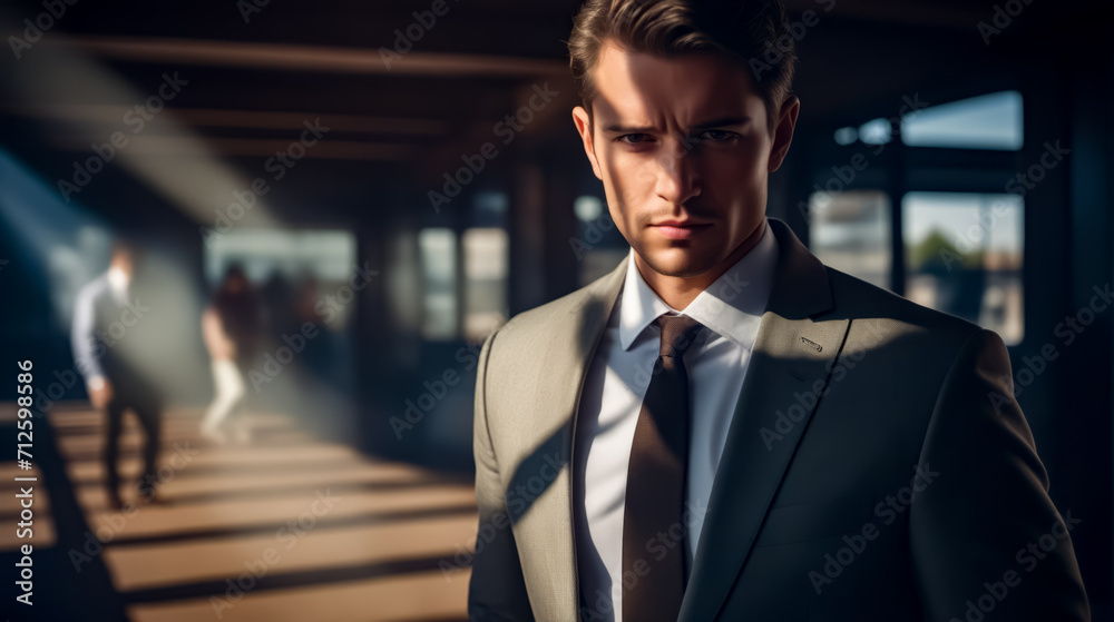 Man in suit and tie standing in room with blurry background. Man in suit and tie standing in room with blurry background.