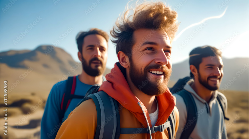 Group of men with backpacks and backpacks walking through the desert.