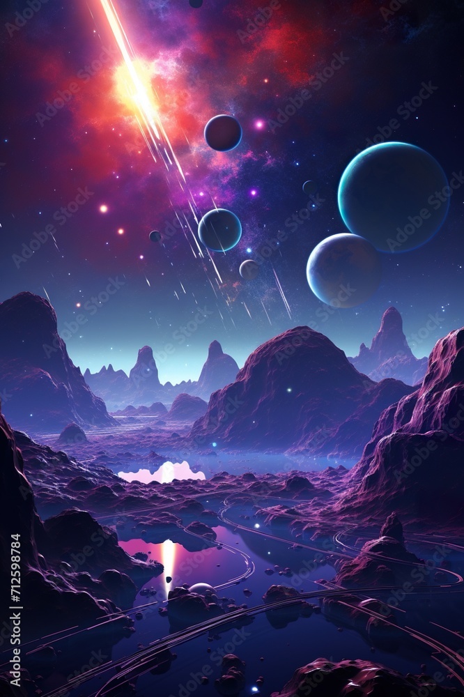 far alien planet with mountain landscape and moons with stars and ...