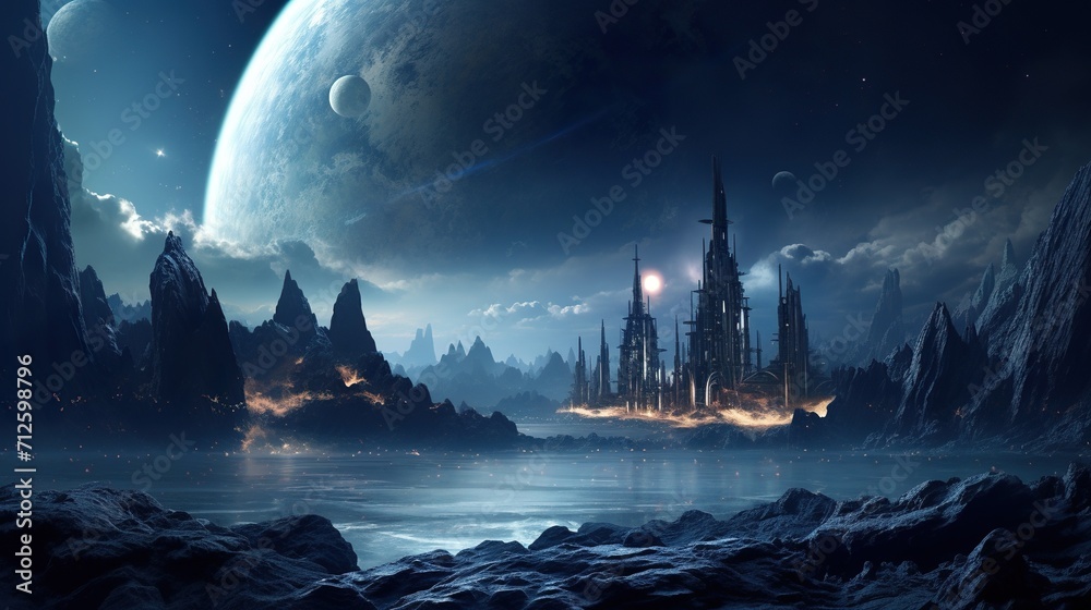 far alien planet with mountain landscape and moons with stars and ...
