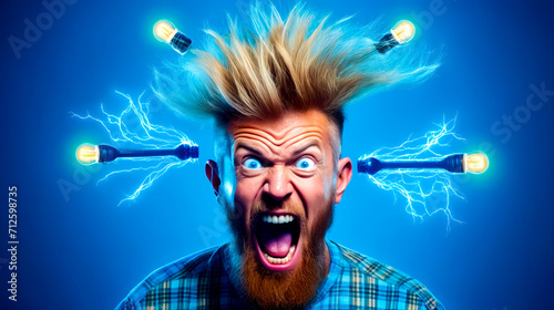 Man with his hair in the air with electric wires above his head. photo