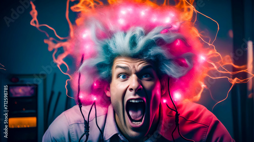 Man with crazy hair and headphones in front of his face.