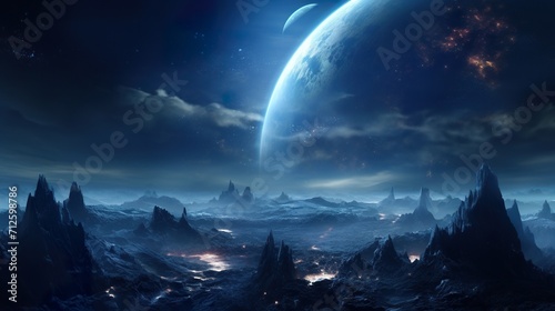 far alien planet with mountain landscape and moons with stars and nebulas in sky, distant fantasy world in open space, colorful illustration  photo