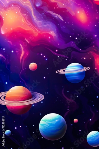 colorful illustration of cosmos with planets  stars and nebulas  in style of purple and blue  cartoon astronomy concept  swirl patterns