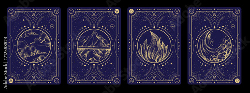 Set of Modern magic witchcraft cards with solar system and four elements. Hand drawing occult vector illustration of water, earth, fire, air elements.