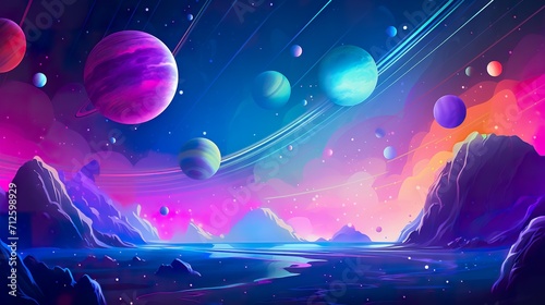 colorful illustration of cosmos with planets, stars and nebulas, in style of purple and blue, cartoon astronomy concept, swirl patterns photo