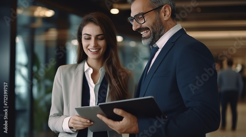 A young business man and a business woman stand outside the office center and discuss the documents