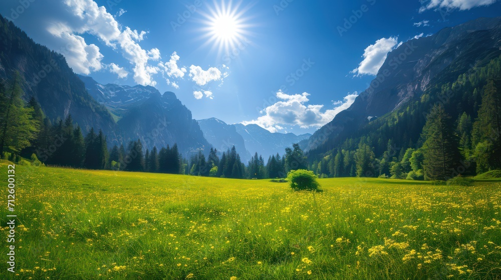 Scenic valley background with ample copy space for text, showcasing a beautiful landscape with mountains, a blue sky, and a vast expanse of grass.
