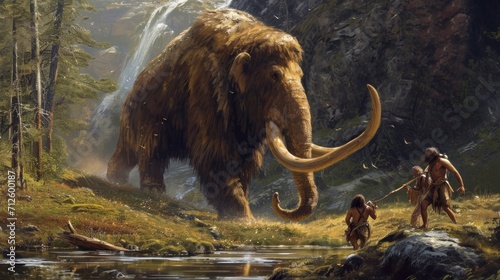 Giant mammoth fighting with some cavemen next to a small lake on a mountain in high definition and quality. history concept 4k