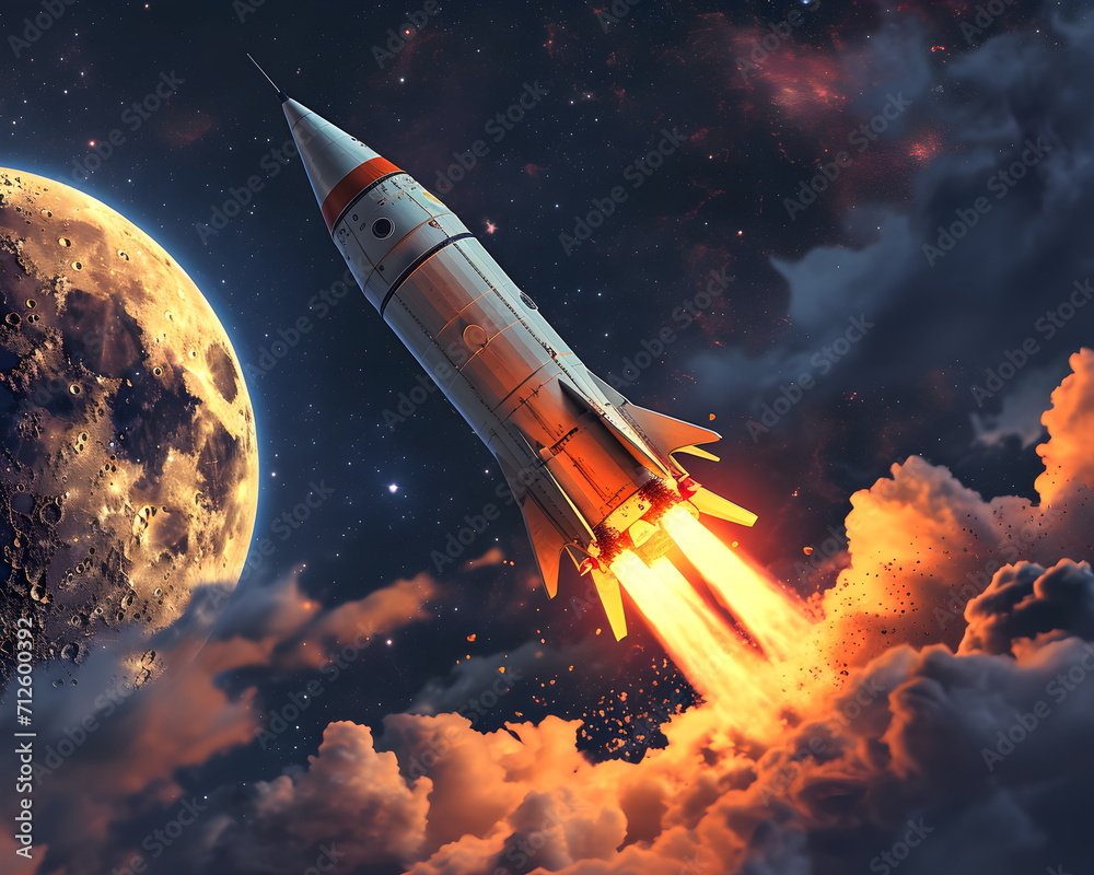 Fototapeta premium Rakete fliegt duch das Weltall - Raketen im Universum - Raumfahrtmission Wallpaper - Raketenillustration - Ki-Ai generiert