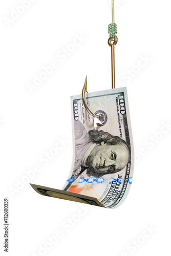 Dollar bill on fishing hook. Catching cash, investment, winning a lottery concept. Png clipart isolated on transparent background