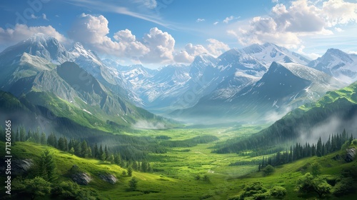 Valley background with copy space for text  featuring a beautiful landscape with mountains  a blue sky  and a wide expanse of grass in the backdrop