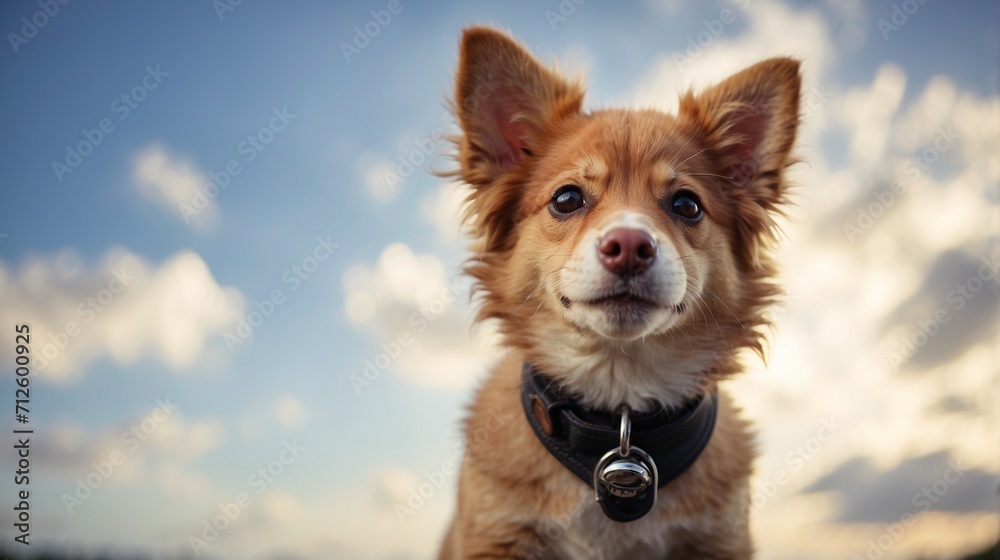 Low angle view of cute dog looking at camera against sky Low angle view of cute dog looking at camera against sky