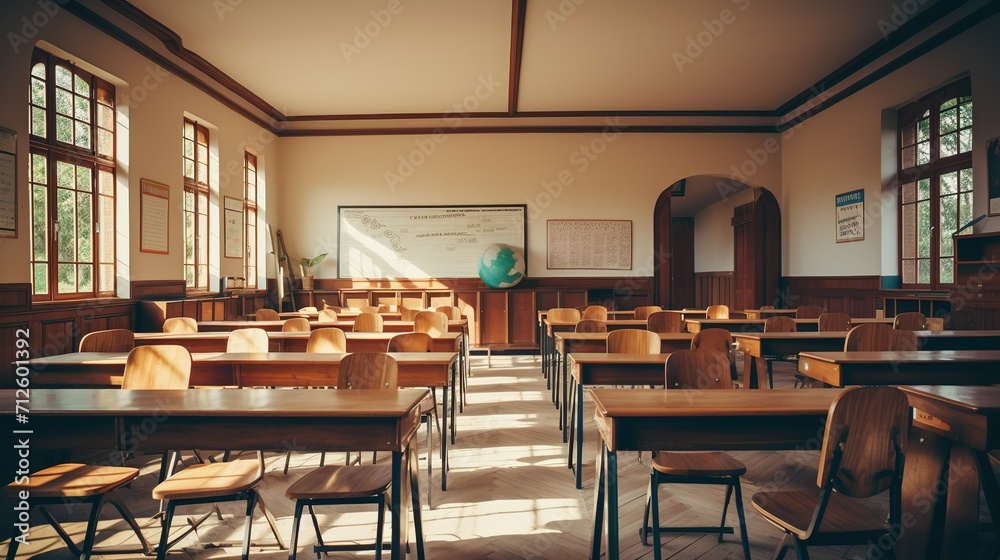 Classroom Interior Vintage Wooden Lecture Wooden Chairs and Desks AI generative