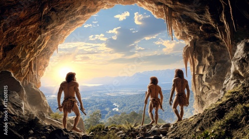 cavemen coming out of a large cave on a beautiful sunset in high resolution hd photo