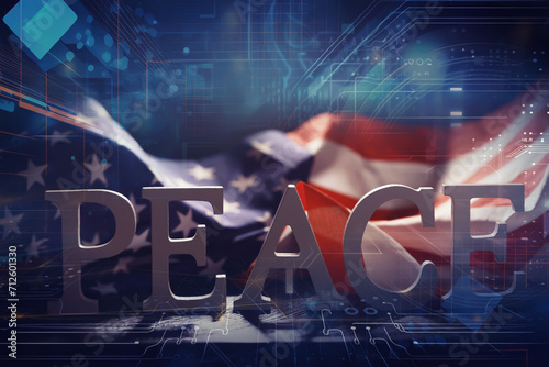 Double exposure Peace Word and abstract technology background. International conflict, American hegemony, War. photo