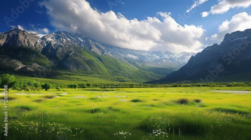 Valley background with copy space for text, featuring a beautiful landscape with mountains, a blue sky, and a wide expanse of grass in the backdrop © Matthew